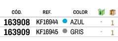 ﻿C D.,﻿REF.,,﻿COLOR,￼,￼,﻿﻿﻿163908﻿,﻿﻿KF16944﻿,●,﻿﻿AZUL﻿,﻿ ﻿,﻿1﻿,﻿﻿﻿163909﻿,﻿﻿KF16945﻿,●,﻿﻿GRIS﻿,﻿ ﻿,﻿1﻿