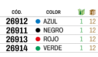 ﻿C D., ,﻿Color,￼,￼,﻿﻿﻿26912﻿,●,﻿AZUL﻿,﻿1﻿,﻿12﻿,﻿﻿﻿26911﻿,●,﻿NEGRO﻿,﻿1﻿,﻿12﻿,﻿﻿﻿26913﻿,●,﻿ROJO﻿,﻿1﻿,﻿12﻿,﻿﻿﻿26914﻿,●,...