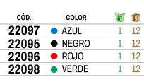 ﻿C D., ,﻿Color,￼,￼,﻿﻿﻿22097﻿,●,﻿AZUL﻿,﻿1﻿,﻿12﻿,﻿﻿﻿22095﻿,●,﻿NEGRO﻿,﻿1﻿,﻿12﻿,﻿﻿﻿22096﻿,●,﻿ROJO﻿,﻿1﻿,﻿12﻿,﻿﻿﻿22098﻿,●,...
