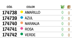 ﻿C D.,,﻿COLOR,￼,￼,﻿﻿174738﻿,●,﻿﻿AMARILLO﻿,﻿0﻿,﻿0﻿,﻿﻿174739﻿,●,﻿﻿AZUL﻿,﻿0﻿,﻿0﻿,﻿﻿174740﻿,●,﻿﻿NARANJA﻿,﻿0﻿,﻿0﻿,﻿﻿17474...