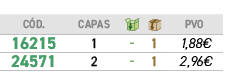 C D.,CAPAS,￼,￼,﻿PVO,﻿16215﻿,﻿1﻿,﻿ ﻿,﻿1﻿,﻿﻿1,88€﻿,﻿24571﻿,﻿2﻿,﻿ ﻿,﻿1﻿,﻿﻿2,96€﻿