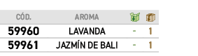 C D.,AROMA,￼,￼,﻿59960﻿,﻿LAVANDA﻿,﻿ ﻿,﻿1﻿,﻿59961﻿,﻿JAZM N DE BALI﻿,﻿ ﻿,﻿1﻿