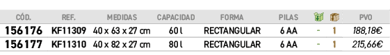 ﻿C D.,﻿REF.,﻿Medidas,﻿Capacidad,﻿forma,pilas,￼,￼,﻿PVO,﻿﻿﻿156176﻿,﻿﻿KF11309﻿,﻿40 x 63 x 27 cm﻿﻿,﻿﻿60 l﻿,﻿RECTANGULAR﻿...