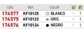 ﻿C D.,REF.,,color,￼,￼,﻿174577﻿,﻿KF10125﻿,●,﻿BLANCO﻿,﻿ ﻿,﻿1﻿,﻿﻿﻿174575﻿,﻿KF10123﻿,●,﻿GRIS﻿,﻿ ﻿,﻿1﻿,﻿174576﻿,﻿KF10124﻿...