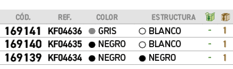 ﻿C D.,﻿REF.,,﻿COLOR,,Estructura,￼,￼,﻿﻿﻿169141﻿,﻿﻿KF04636﻿,●,﻿﻿GRIS﻿,●,﻿BLANCO﻿,﻿ ﻿,﻿1﻿,﻿﻿﻿169140﻿,﻿﻿KF04635﻿,●,﻿﻿NEG...