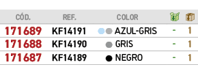 ﻿C D.,REF., ,﻿COLOR,￼,￼,﻿﻿﻿171689﻿,﻿KF14191﻿,●●,﻿﻿AZUL GRIS﻿,﻿ ﻿,﻿1﻿,﻿﻿﻿171688﻿,﻿KF14190﻿,●,﻿﻿GRIS﻿,﻿ ﻿,﻿1﻿,﻿﻿﻿17168...