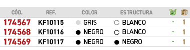 ﻿C D.,REF.,,color,,ESTRUCTURA,￼,￼,﻿﻿﻿174567﻿,﻿KF10115﻿,●,﻿GRIS﻿,●,﻿BLANCO﻿,﻿ ﻿,﻿1﻿,﻿174568﻿,﻿KF10116﻿,●,﻿NEGRO﻿,●,﻿B...