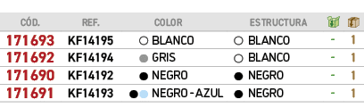 ﻿C D.,REF., ,﻿COLOR,,ESTRUCTURA,￼,￼,﻿﻿﻿171693﻿,﻿KF14195﻿,●,﻿﻿BLANCO﻿,●,﻿BLANCO﻿,﻿ ﻿,﻿1﻿,﻿﻿﻿171692﻿,﻿KF14194﻿,●,﻿﻿GRI...