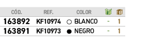 ﻿C D.,﻿REF.,,﻿COLOR,￼,￼,﻿﻿﻿163892﻿,﻿﻿KF10974﻿,●,﻿﻿BLANCO﻿,﻿ ﻿,﻿1﻿,﻿﻿﻿163891﻿,﻿﻿KF10973﻿,●,﻿﻿NEGRO﻿,﻿ ﻿,﻿1﻿