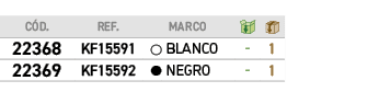 C D.,REF., ,MARCO,￼,￼,﻿22368﻿,﻿KF15591﻿,●,﻿BLANCO﻿,﻿ ﻿,﻿1﻿,﻿22369﻿,﻿KF15592﻿,●,﻿NEGRO﻿,﻿ ﻿,﻿1﻿