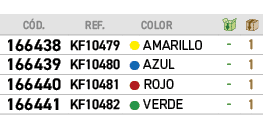 ﻿C D.,﻿REF.,,﻿COLOR,￼,￼,﻿﻿﻿166438﻿,﻿﻿KF10479﻿,●,﻿﻿AMARILLO﻿,﻿ ﻿,﻿1﻿,﻿﻿﻿166439﻿,﻿﻿KF10480﻿,●,﻿﻿AZUL﻿,﻿ ﻿,﻿1﻿,﻿﻿﻿16644...