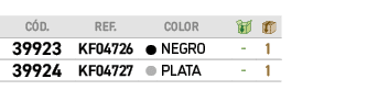 C D.,REF., ,COLOR,￼,￼,﻿﻿39923﻿,KF04726,●,﻿NEGRO﻿,﻿ ﻿,﻿1﻿,﻿﻿39924﻿,KF04727,●,﻿PLATA﻿,﻿ ﻿,﻿1﻿