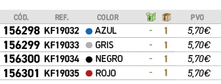﻿C D.,﻿REF., ,﻿COLOR,￼,￼,﻿PVO,﻿﻿﻿156298﻿,﻿﻿KF19032﻿,●,﻿﻿AZUL﻿,﻿ ﻿,﻿1﻿,﻿﻿5,70€﻿,﻿﻿﻿156299﻿,﻿﻿KF19033﻿,●,﻿﻿GRIS﻿,﻿ ﻿,﻿...