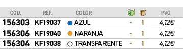 ﻿C D.,﻿REF., ,﻿COLOR,￼,￼,﻿PVO,﻿﻿﻿156303﻿,﻿﻿KF19037﻿,●,﻿﻿AZUL﻿,﻿ ﻿,﻿1﻿,﻿﻿4,12€﻿,﻿﻿﻿156306﻿,﻿﻿KF19040﻿,●,﻿﻿NARANJA﻿,﻿ ...