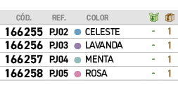 ﻿C D.,﻿REF.,,﻿COLOR,￼,￼,﻿﻿﻿166255﻿,﻿﻿PJ02﻿,●,﻿﻿CELESTE﻿,﻿ ﻿,﻿1﻿,﻿﻿﻿166256﻿,﻿﻿PJ03﻿,●,﻿﻿LAVANDA﻿,﻿ ﻿,﻿1﻿,﻿﻿﻿166257﻿,﻿...