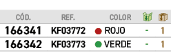 ﻿C D.,REF., ,﻿COLOR,￼,￼,﻿﻿﻿166341﻿,﻿KF03772﻿,●,﻿﻿ROJO﻿,﻿ ﻿,﻿1﻿,﻿﻿﻿166342﻿,﻿KF03773﻿,●,﻿﻿VERDE﻿,﻿ ﻿,﻿1﻿