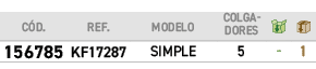 ﻿C D.,ref.,modelo,colga dores,￼,￼,﻿﻿﻿156785﻿,﻿KF17287﻿,﻿SIMPLE﻿,5,﻿ ﻿,﻿1﻿