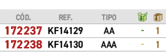 ﻿C D.,﻿REF.,TIPO,￼,￼,﻿﻿﻿172237﻿,﻿﻿KF14129﻿,﻿AA﻿,﻿ ﻿,﻿1﻿,﻿172238﻿,﻿﻿﻿KF14130﻿,﻿AAA﻿,﻿ ﻿,﻿1﻿