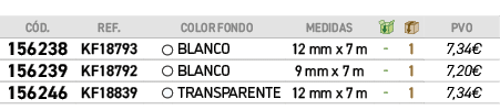 ﻿C D.,﻿REF., ,﻿COLOR FONDO,﻿Medidas,￼,￼,﻿PVO,﻿﻿﻿156238﻿,﻿﻿KF18793﻿,●,﻿﻿BLANCO﻿,﻿﻿12 mm x 7 m﻿,﻿ ﻿,﻿1﻿,﻿﻿7,34€﻿,﻿﻿﻿15...