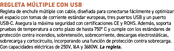 REGLETA M LTIPLE CON USB﻿ ﻿Regleta de enchufe m ltiple con cable, dise ada para conectarse f cilmente y optimizar el...