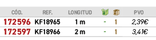﻿C D.,﻿REF.,LONGITUD,￼,￼,﻿PVO,﻿﻿﻿172596﻿,﻿﻿KF18965﻿,﻿1 m﻿,﻿ ﻿,﻿1﻿,﻿﻿2,39€﻿,﻿﻿﻿172597﻿,﻿﻿KF18966﻿,﻿2 m﻿,﻿ ﻿,﻿1﻿,﻿﻿3,41€﻿