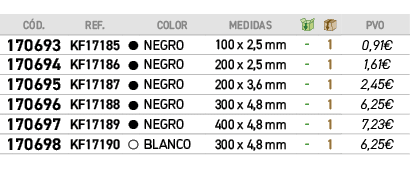 ﻿C D.,﻿REF.,﻿,﻿COLOR,﻿Medidas,￼,￼,﻿PVO,﻿﻿﻿170693﻿,﻿﻿KF17185﻿,﻿￼,﻿﻿NEGRO﻿,﻿﻿100 x 2,5 mm﻿,﻿ ﻿,﻿1﻿,﻿﻿0,91€﻿,﻿﻿﻿170694﻿...