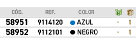 C D.,REF., ,COLOR,￼,￼,﻿58951﻿,9114120,●,﻿AZUL﻿,﻿ ﻿,﻿1﻿,﻿58952﻿,9112101,●,﻿NEGRO﻿,﻿ ﻿,﻿1﻿