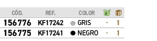 ﻿C D.,﻿REF., ,﻿COLOR,￼,￼,﻿﻿﻿156776﻿,﻿﻿KF17242﻿,●,﻿﻿GRIS﻿,﻿ ﻿,﻿1﻿,﻿﻿﻿156775﻿,﻿﻿KF17241﻿,●,﻿﻿NEGRO﻿,﻿ ﻿,﻿1﻿