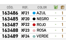 ﻿C D.,﻿REF.,,﻿COLOR,￼,￼,﻿﻿﻿163486﻿,﻿﻿XF21﻿,●,﻿﻿AZUL﻿,﻿ ﻿,﻿1﻿,﻿﻿﻿163485﻿,﻿﻿XF20﻿,●,﻿﻿NEGRO﻿,﻿ ﻿,﻿1﻿,﻿﻿﻿163487﻿,﻿﻿XF22...