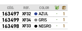 ﻿C D.,﻿REF.,,﻿COLOR,￼,￼,﻿﻿﻿163497﻿,﻿﻿XF32﻿,●,﻿﻿AZUL﻿,﻿ ﻿,﻿1﻿,﻿﻿﻿163499﻿,﻿﻿XF34﻿,●,﻿﻿GRIS﻿,﻿ ﻿,﻿1﻿,﻿﻿﻿163498﻿,﻿﻿XF33﻿...