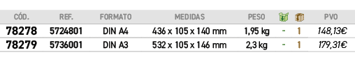 C D.,REF.,formato,MEDIDAS,PESO,￼,￼,﻿PVO,﻿78278﻿,5724801,﻿DIN A4﻿,﻿436 x 105 x 140 mm﻿,﻿1,95 kg﻿,﻿ ﻿,﻿1﻿,﻿﻿148,13€﻿,﻿7...