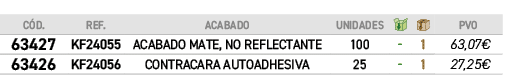 ﻿C D.,﻿REF.,﻿acabado,﻿Unidades,￼,￼,﻿PVO,﻿﻿﻿63427﻿,﻿﻿KF24055﻿,﻿﻿ACABADO MATE, NO REFLECTANTE﻿,﻿﻿100﻿,﻿ ﻿,﻿1﻿,﻿﻿63,07€...