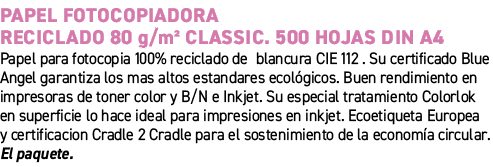 Papel fotocopiadora reciclado 80 g/m² CLASSIC. 500 hojas DIN A4﻿ ﻿Papel para fotocopia 100% reciclado de blancura CI...