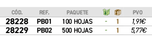 ﻿C D.,﻿REF.,PAQUETE,￼,￼,﻿PVO,﻿28228﻿,﻿﻿PB01﻿﻿,﻿100 HOJAS﻿,﻿ ﻿,﻿1﻿,﻿1,91€﻿,﻿﻿28229﻿,﻿﻿PB02﻿,﻿500 HOJAS﻿,﻿ ﻿,﻿1﻿,﻿﻿5,77€﻿