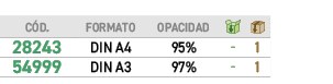 ﻿C D.,﻿FORMATO,opacidad,￼,￼,﻿﻿28243﻿,﻿﻿DIN A4﻿,95%,﻿ ﻿,﻿1﻿,﻿﻿54999﻿,﻿﻿DIN A3﻿,97% ,﻿ ﻿,﻿1﻿