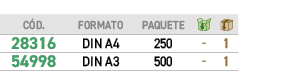 ﻿C D.,﻿FORMATO,﻿PAQuete,￼,￼,﻿﻿28316﻿,﻿﻿DIN A4﻿,﻿﻿250﻿,﻿ ﻿,﻿1﻿,﻿﻿54998﻿,﻿﻿DIN A3﻿,﻿﻿500﻿,﻿ ﻿,﻿1﻿