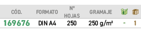 ﻿C D.,﻿FORMATO,﻿Nº Hojas,GRAMAJE,￼,￼,﻿﻿﻿169676﻿,﻿﻿DIN A4﻿,﻿﻿250﻿,﻿250 g/m²﻿,﻿ ﻿,﻿1﻿