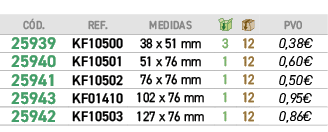 C D.,﻿REF.,﻿Medidas,￼,￼,﻿PVO,﻿﻿25939﻿,﻿﻿KF10500﻿,﻿﻿38 x 51 mm﻿,﻿3﻿,﻿12﻿,﻿﻿0,38€﻿,﻿﻿25940﻿,﻿﻿KF10501﻿,﻿﻿51 x 76 mm﻿,﻿...