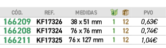 C D.,﻿REF.,﻿Medidas,￼,￼,﻿PVO,﻿﻿166209﻿,﻿﻿KF17326﻿,﻿﻿38 x 51 mm﻿,﻿1﻿,﻿12﻿,﻿﻿0,63€﻿,﻿﻿166208﻿,﻿﻿KF17324﻿,﻿﻿76 x 76 mm﻿...