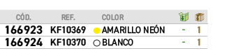 C D.,﻿REF.,,﻿color,￼,￼,﻿﻿166923﻿,﻿﻿KF10369﻿,●,﻿﻿AMARILLO NE N﻿,﻿ ﻿,﻿1﻿,﻿﻿166924﻿,﻿﻿KF10370﻿,●,﻿﻿BLANCO﻿,﻿ ﻿,﻿1﻿