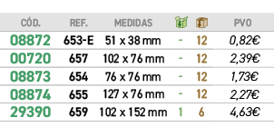 ﻿C D.,﻿REF.,﻿Medidas,￼,￼,﻿PVO,﻿﻿﻿08872﻿,﻿﻿653 E﻿,﻿﻿51 x 38 mm﻿,﻿ ﻿,﻿12﻿,﻿﻿0,82€﻿,﻿﻿﻿00720﻿,﻿﻿657﻿,﻿﻿102 x 76 mm﻿,﻿ ﻿...