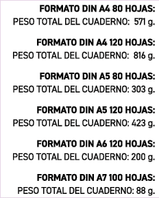 FORMATO DIN A4 80 HOJAS: PESO TOTAL DEL CUADERNO: 571 g. FORMATO DIN A4 120 HOJAS: PESO TOTAL DEL CUADERNO: 816 g. FO...