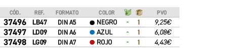 ﻿C D.,﻿REF.,﻿FORMATO,,﻿COLOR,￼,￼,﻿PVO,﻿﻿﻿37496﻿,﻿﻿LB47﻿,﻿﻿DIN A5﻿,●,﻿﻿Negro﻿,﻿ ﻿,﻿1﻿,﻿﻿9,25€﻿,﻿﻿﻿37497﻿,﻿﻿LD09﻿,﻿﻿DI...