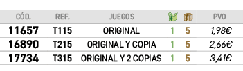 C D.,REF.,JUEGOS,￼,￼,﻿PVO,﻿11657﻿,T115,﻿ORIGINAL﻿,﻿1﻿,﻿5﻿,﻿﻿1,98€﻿,﻿16890﻿,T215,﻿ORIGINAL Y COPIA﻿,﻿1﻿,﻿5﻿,﻿﻿2,66€﻿,﻿...