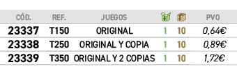 ﻿C D.,﻿REF.,﻿JUEGOS,￼,￼,﻿PVO,﻿﻿﻿23337﻿,﻿﻿T150﻿,﻿﻿ORIGINAL﻿,﻿1﻿,﻿10﻿,﻿0,64€﻿,﻿﻿﻿23338﻿,﻿﻿T250﻿,﻿﻿ORIGINAL Y COPIA﻿,﻿1...