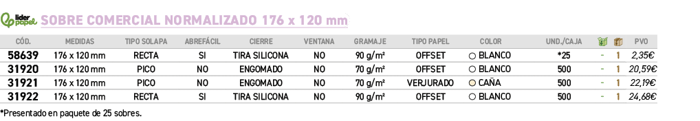 ￼ Sobre comercial normalizado 176 x 120 mm *Presentado en paquete de 25 sobres.