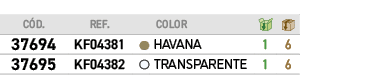 C D.,REF., ,COLOR,￼,￼,﻿37694﻿,KF04381,●,﻿HAVANA﻿,﻿1﻿,﻿6﻿,﻿37695﻿,KF04382,●,﻿TRANSPARENTE﻿,﻿1﻿,﻿6﻿