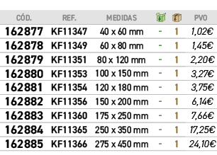 ﻿C D.,ref.,medidas,￼,￼,﻿PVO,﻿﻿﻿162877﻿,﻿﻿KF11347,﻿40 x 60 mm﻿,﻿ ﻿,﻿1﻿,﻿﻿1,02€﻿,﻿﻿﻿162878﻿,﻿﻿KF11349,﻿60 x 80 mm﻿,﻿ ﻿...
