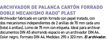 Archivador de palanca cart n forrado doble mecanismo Rado® Plast﻿ ﻿Archivador fabricado en cart n forrado con papel ...