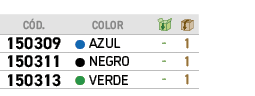 ﻿C D., ,﻿COLOR,￼,￼,﻿﻿﻿150309﻿,●,﻿﻿AZUL﻿,﻿ ﻿,﻿1﻿,﻿﻿﻿150311﻿,●,﻿﻿NEGRO﻿,﻿ ﻿,﻿1﻿,﻿﻿﻿150313﻿,●,﻿﻿VERDE﻿,﻿ ﻿,﻿1﻿